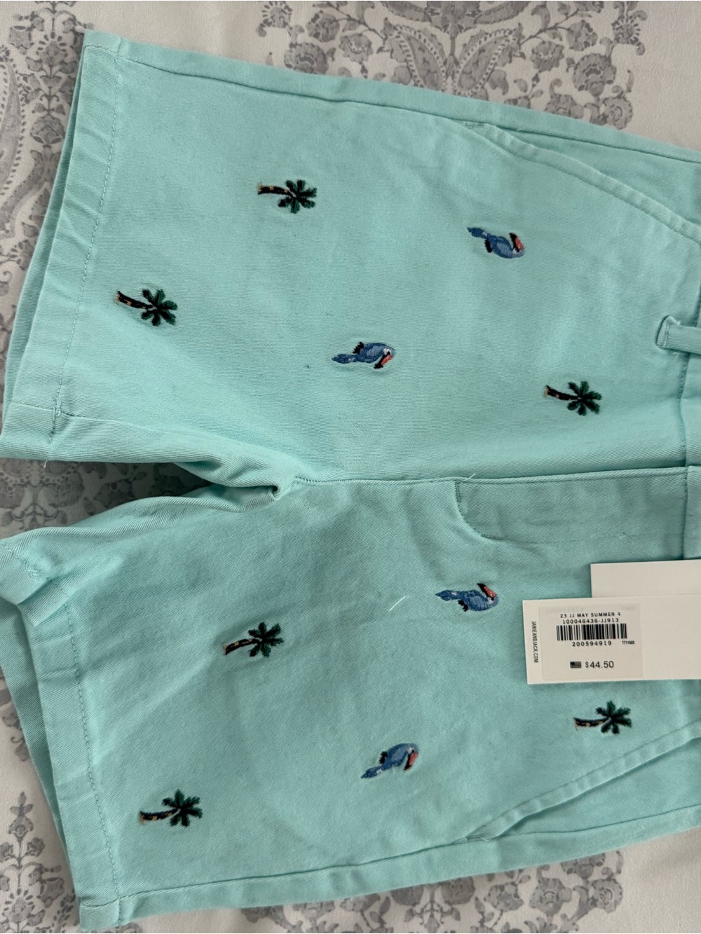 Janie and Jack Light Aqua Embroidered Palm Tree & Toucan Shorts